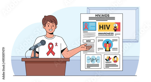 Person speaking at podium about HIV awareness, wearing red ribbon