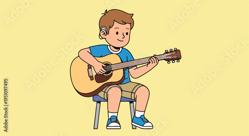 A young boy with a hearing aid plays an acoustic guitar while seated