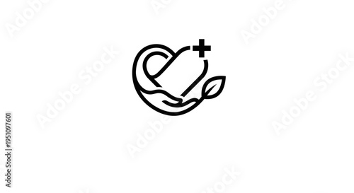 Minimal black and white heart with medical cross representing healthcare, wellness and medical services.