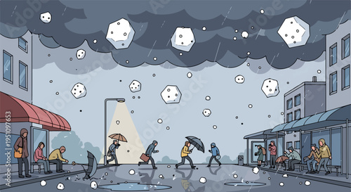 People take shelter from an unusual storm featuring falling objects and rain