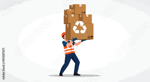 Worker carries tall stack of cardboard boxes with recycling symbol