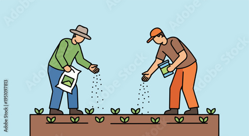 Two individuals plant seeds in a row of sprouts on a brown patch of earth