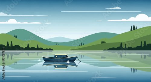 Vector illustration of a serene lake scene with a boat