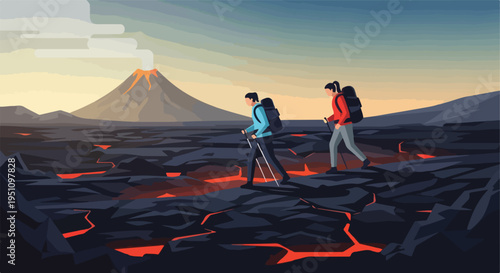 Two hikers traverse a desolate landscape with a smoking volcano in the distance