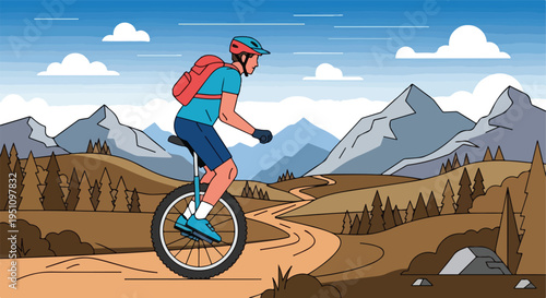 Man on unicycle rides through mountainous terrain with trees