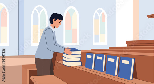 A person arranges books inside a church with arched, stained-glass windows
