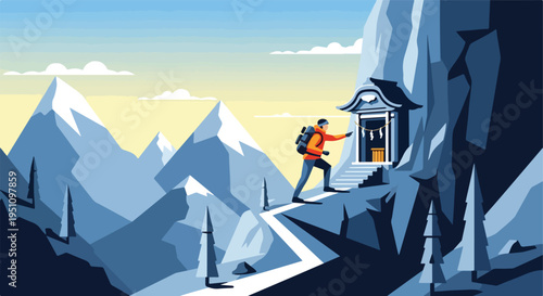 Hiker ascends snowy mountains to a shrine by a cliff