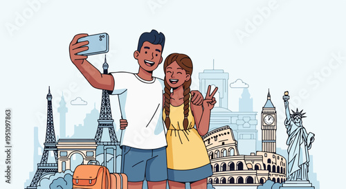 A happy couple takes a selfie with iconic landmarks from around the world