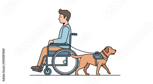 Person in wheelchair assisted by a service dog, with a clean white background