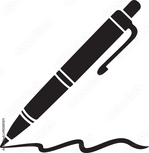 A sleek black and white ballpoint pen resting with its tip on a wavy line.