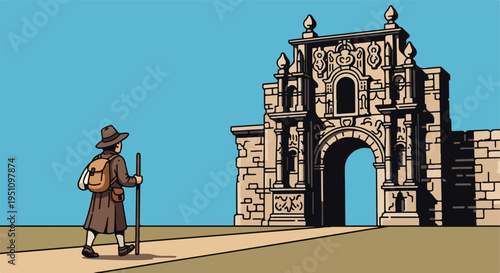 A lone figure in a wide-brimmed hat walks towards a grand arched stone entrance