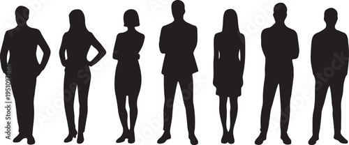 Six silhouetted figures standing in varied casual and formal attire poses