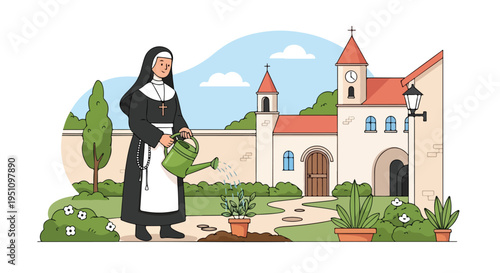 Nun waters plants outside a monastery with a watering can