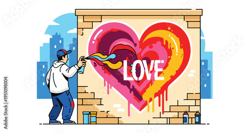 A graffiti artist sprays a vibrant heart mural on a brick wall in a city