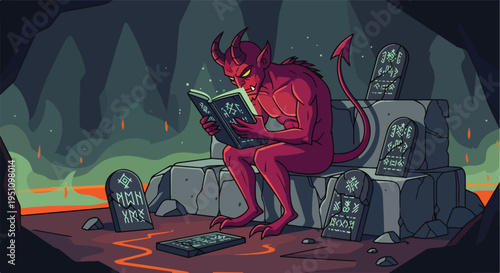A devilish creature reads from an ancient book amidst glowing runes and a hellish landscape