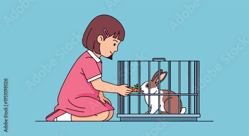 Girl in pink dress offers carrot to a rabbit in a cage