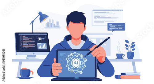 Person interacting with digital interfaces showing data and AI graphics on screens