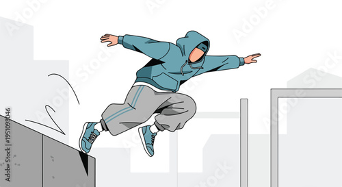Cartoon figure in a blue hoodie and grey pants performs a dynamic parkour jump over obstacles