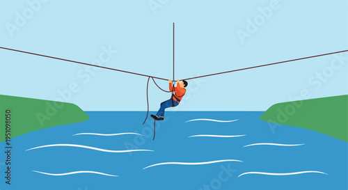 Person zip-lining across a body of water on a sunny day