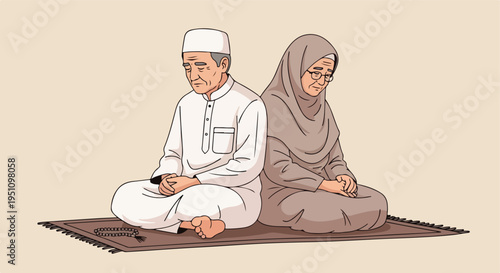 Elderly couple in prayer on a rug with prayer beads, dressed in traditional attire