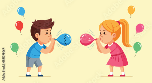 Children inflate balloons together, celebrating with colorful floating orbs