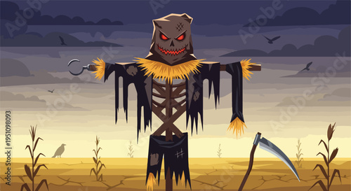 A menacing scarecrow stands in a desolate, cracked field under a stormy sky