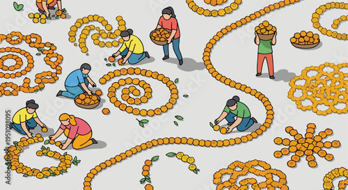 Isometric illustration of people making garlands from marigold flowers