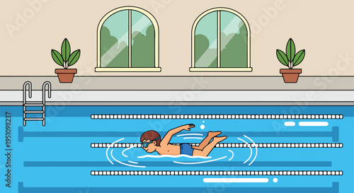 A person swims freestyle in a brightly lit indoor swimming pool with lane markers