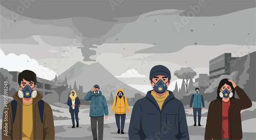 People wearing masks in a polluted city with a volcano erupting in the background
