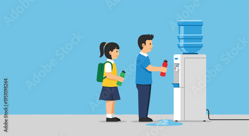 A girl and man stand near a water cooler, one filling a bottle