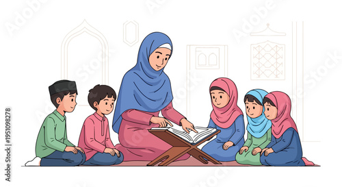 A teacher guides children in reading from a book on a wooden stand