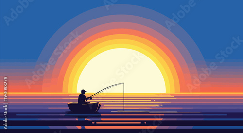 Vector illustration of a man fishing in a boat at sunset