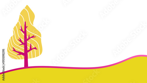Abstract minimalist vector background with a stylized tree, in trendy fuchsia, magenta, and mustard yellow colors, featuring line art and ample white space for a clean, modern design.