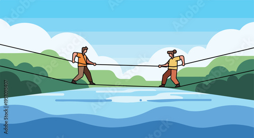 Two people walk on tightropes over a lake, against a backdrop of clouds and hills