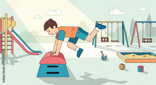 A child exercises on playground equipment on a sunny day
