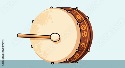 A stylized illustration of a single drum with a mallet