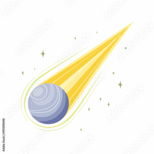 A beautiful, colorful, and vibrant illustration of a celestial body in motion with a radiant tail, against a backdrop of small stars and subtle green streaks