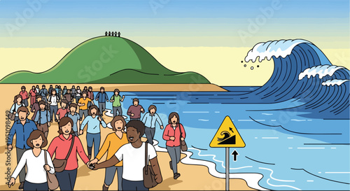 A diverse crowd walks on a beach near a large wave and warning sign