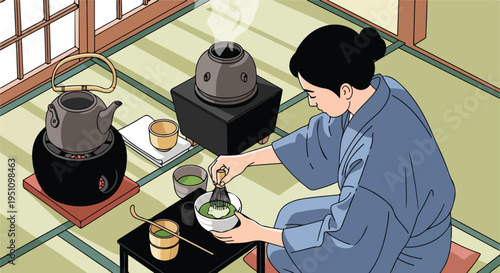 Person in traditional attire prepares green tea with whisk and bowls