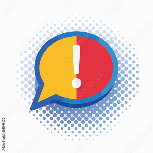 Bold graphic icon of an alert or warning, featuring a red and yellow exclamation mark in a speech bubble