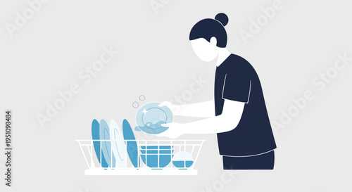 Person cleaning dishes by hand, placing a shiny plate into a drying rack