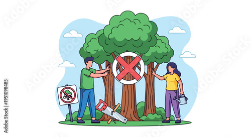Two people protect trees, a saw lies nearby, symbolizing preservation