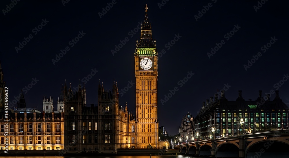 Obraz premium A nocturnal view of a famous clock tower, glowing with warm light, set against a dark, starry sky over a city