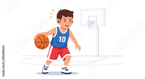 Animated young athlete dribbling a basketball on a court