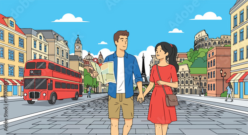 Couple explores iconic city landmarks, holding map and hands