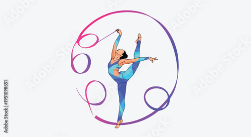 Artistic depiction of a rhythmic gymnast performing a high leg split with a vibrant ribbon