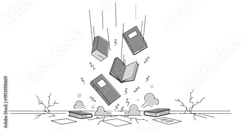 Several books are falling and hitting the ground, causing dust clouds