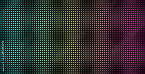 Futuristic vector illustration of an LED screen panel pixel grid with a smooth color gradient from teal to pink. Macro close up view of a high resolution digital display panel texture