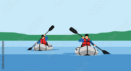 Two people in inflatable rafts paddle across a tranquil lake