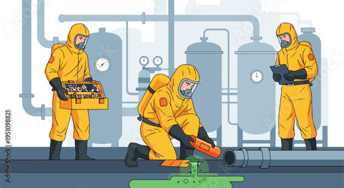 Three hazmat workers in protective suits conduct an industrial inspection and repair